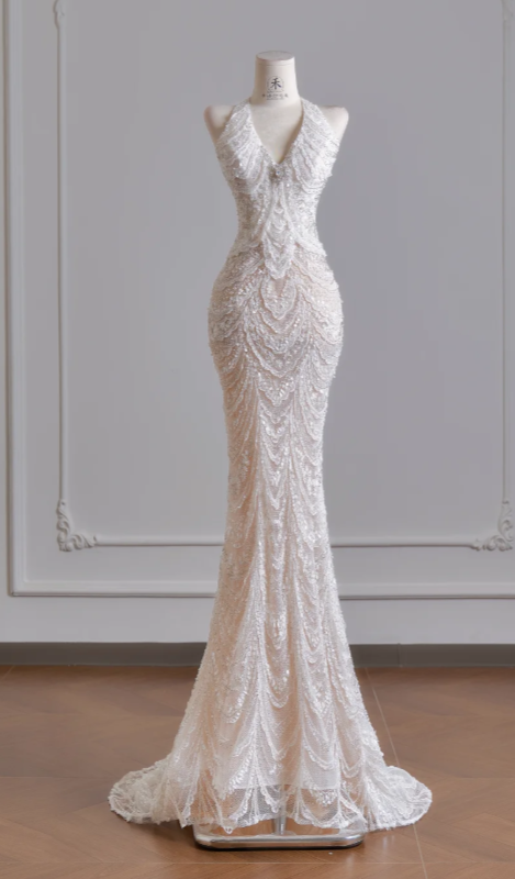 Timeless V-neck Mermaid Wedding Dress White Bridal Gown Sequins Tulle Bridal Dress DP06299