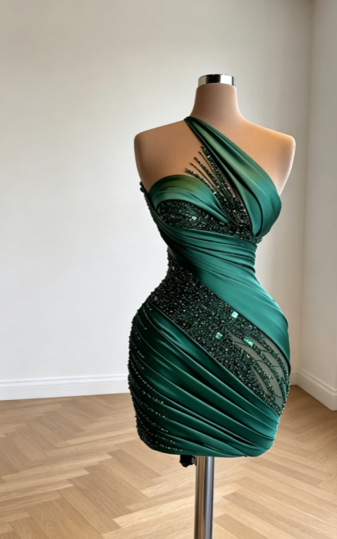 Sexy Dark Green Hoco Dress One-shoulder Bodycon Dress for Party Satin Birthday Dress DP06312