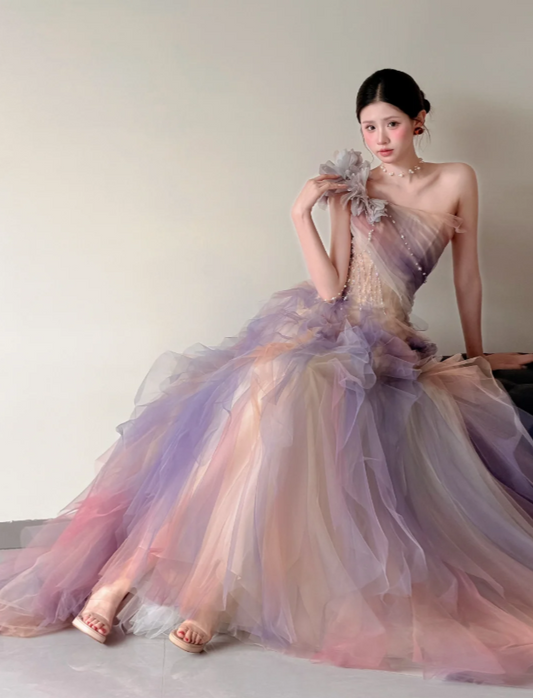Glam One-shoulder Prom Dress A-Line Dress for Party Tulle Evening Dress DP06317