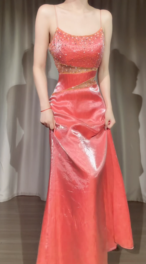 Glam Peach Prom Dress Sheath Dress for Party Satin Evening Dress DP06319