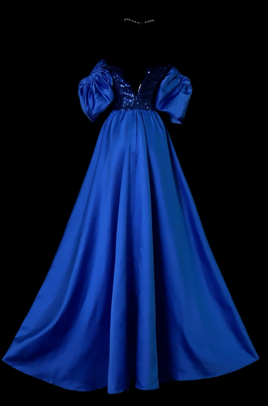 Chic Blue Prom Dress Off-shoulder A-Line Satin Long Evening Dress DP06340