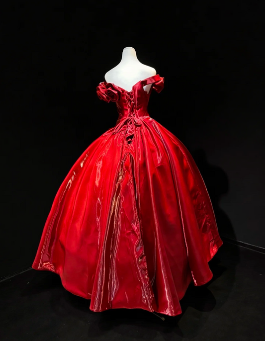 Elegant Red Evening Dress Off-shoulder A-Line Satin Prom Dress DP06370