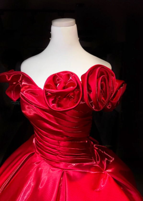 Elegant Red Evening Dress Off-shoulder A-Line Satin Prom Dress DP06370