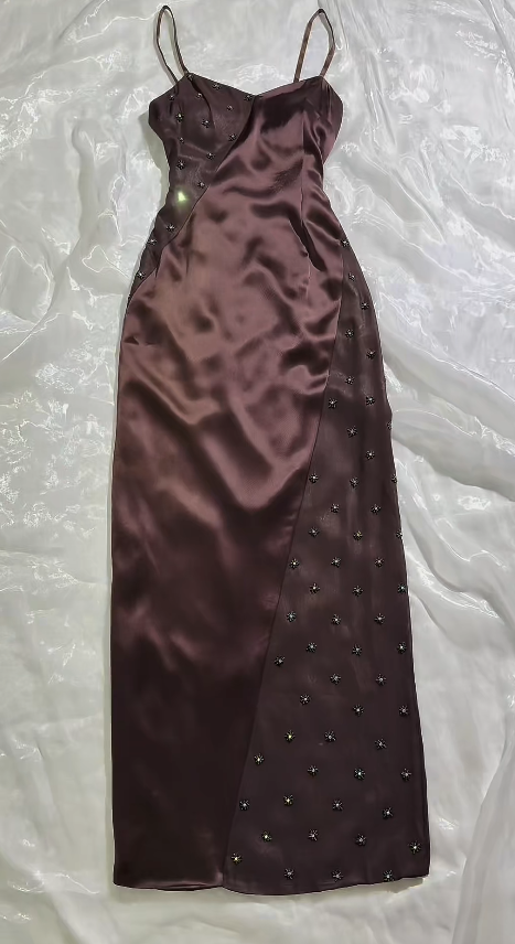 Elegant Brown Evening Dress Spaghetti Straps Sheath Satin Prom Dress DP06374