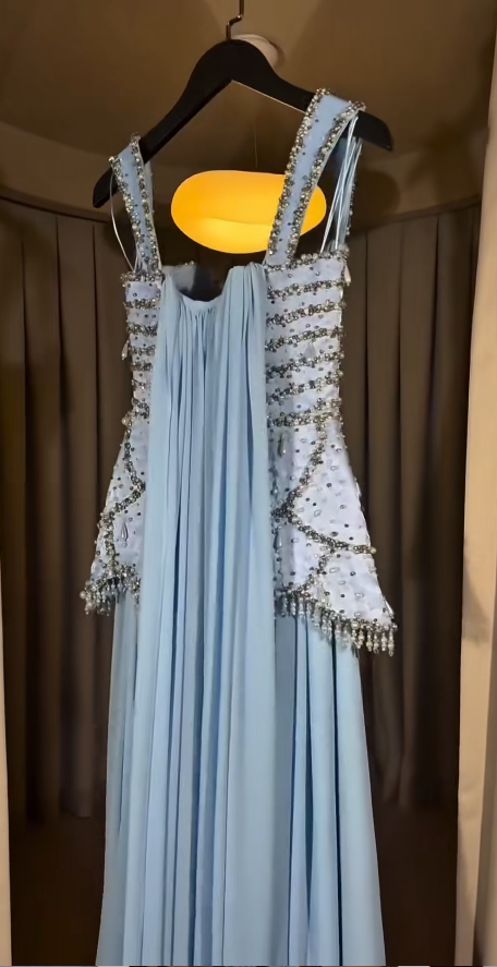 Elegant Blue Evening Dress Spaghetti Straps Sheath Chiffon Beaded Prom Dress DP06376