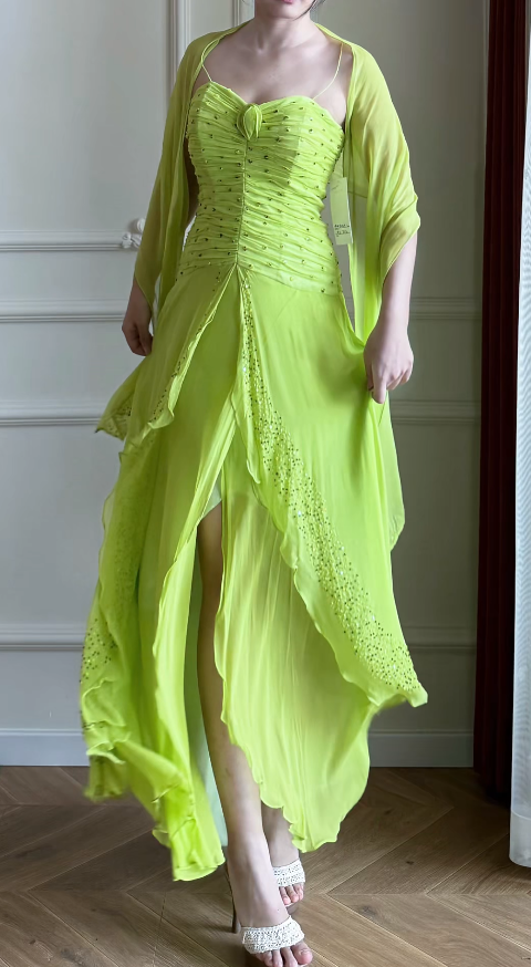 Elegant Green Evening Dress Spaghetti Straps Sheath Chiffon Beaded Prom Dress DP06378
