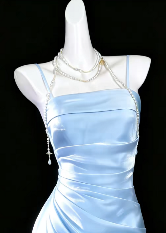 Elegant Blue Evening Dress Spaghetti Straps Sheath Satin Prom Dress DP06379