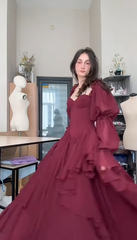 Elegant Burgundy Evening Dress Off-shoulder A-Line Chiffon Prom Dress DP06381