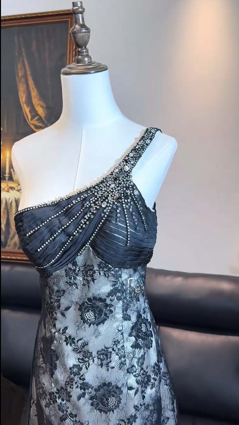 Elegant Black Short Prom Dress One-shoulder Sheath Hoco Dress Chiffon Birthday Dress DP06384