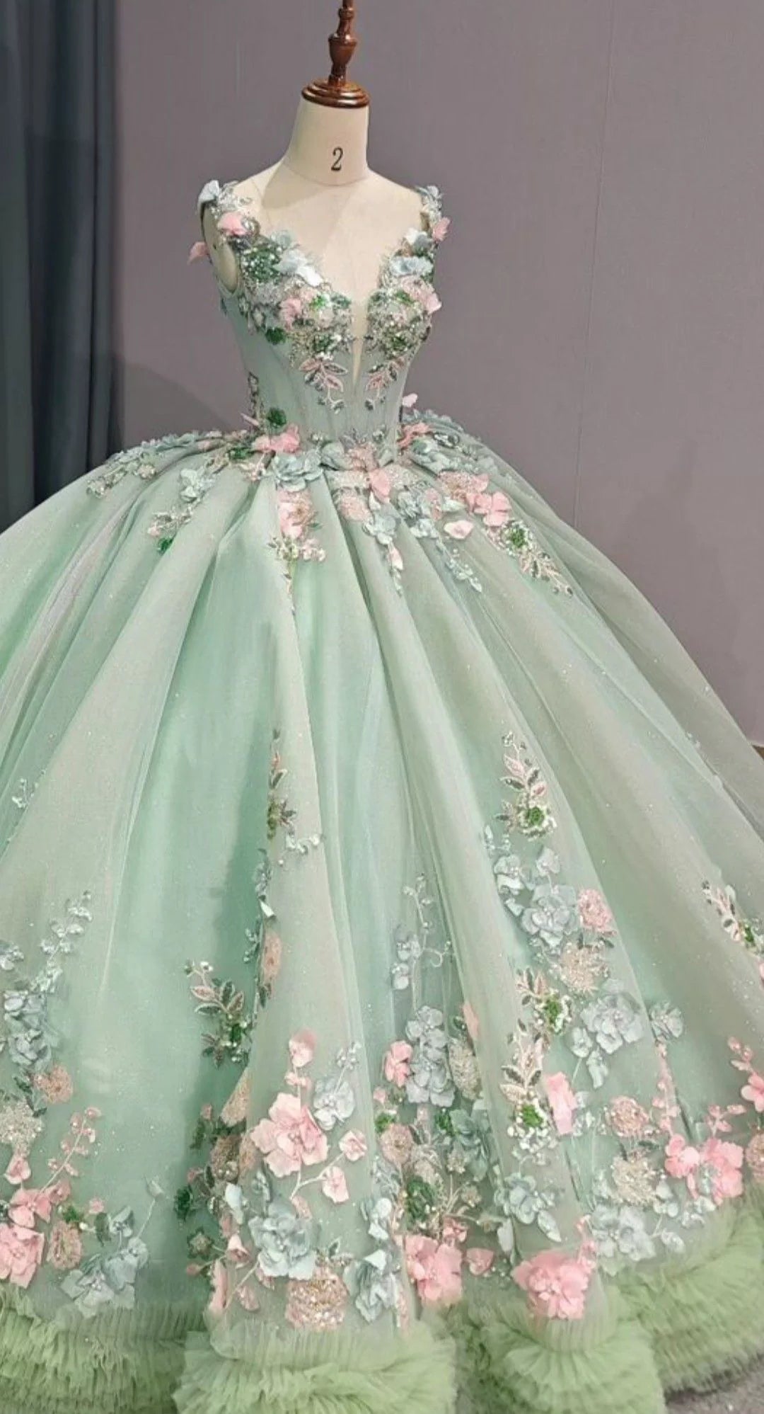 Fairy Green Ball Gown Quinceanera Dress V-neck 15th Birthday Dress Tulle Applique Sweet 16 Dress DP06402