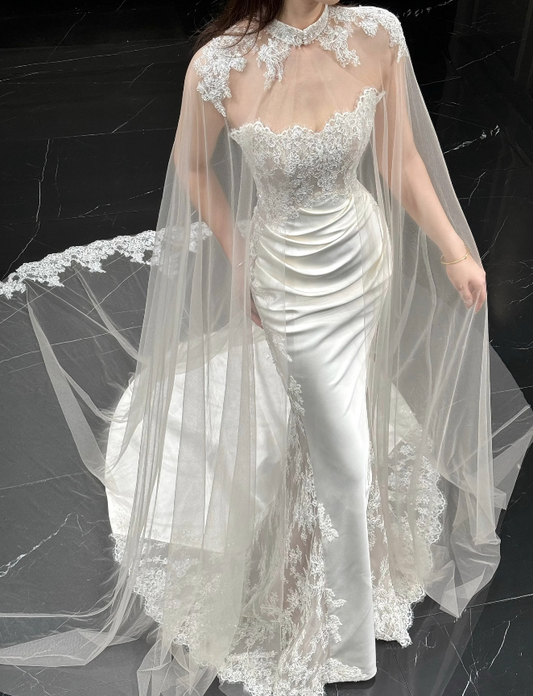 Simple Strapless Mermaid Wedding Dress Satin Applique Bridal Dress White Sleeveless Bridal Gown DP06409