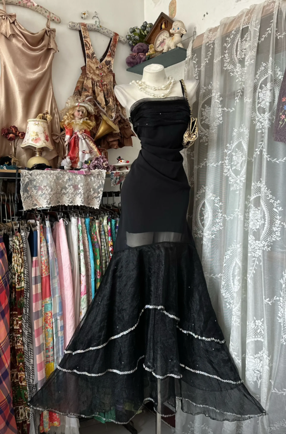 Chic Black Prom Dress Chiffon Sheath One-shoulder Long Evening Dress DP06416