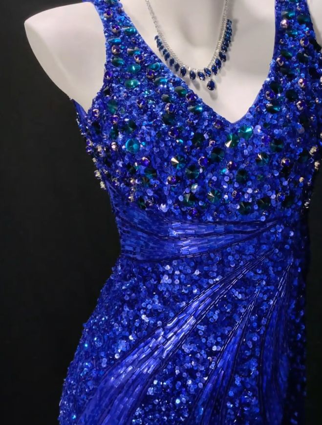 Elegant Blue Prom Dress V-neck Sheath Satin Beaded Long Evening Dress DP06460