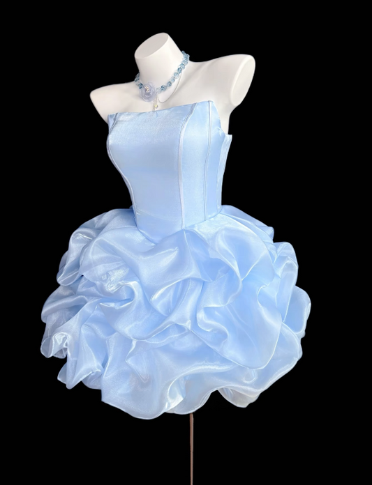 Pretty Blue Short Homecoming Dress Strapless A-Line Birthday Dress Chiffon Party Dress DP06473