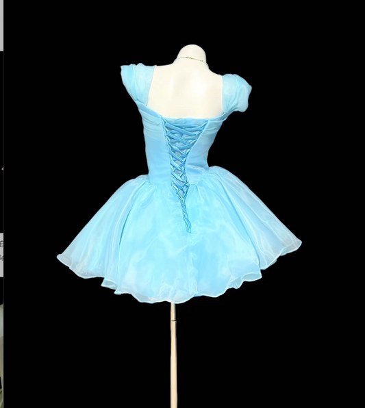 Pretty Blue Short Homecoming Dress Straps A-Line Birthday Dress Chiffon Party Dress DP06474