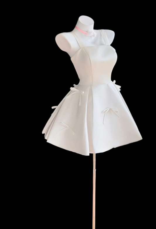 Pretty White Short Homecoming Dress Straps A-Line Birthday Dress Satin Party Dress DP06475