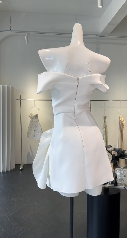 Pretty White Short Homecoming Dress Off-shoulder A-line Birthday Dress Satin Party Dress DP06483