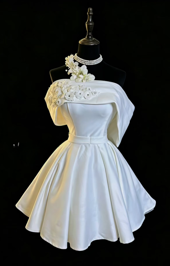 Chic White Short Homecoming Dress A-Line Prom Dress Satin Birthday Dress DP06494