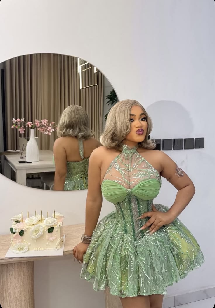 Sexy Green Hoco Dress Halter Tulle Birthday Dress A-Line Dress for Party DP06531