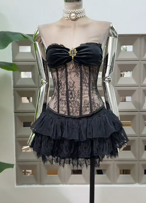 Sexy Black Hoco Dress Strapless Lace Birthday Dress Sheath Dress for Party DP06534