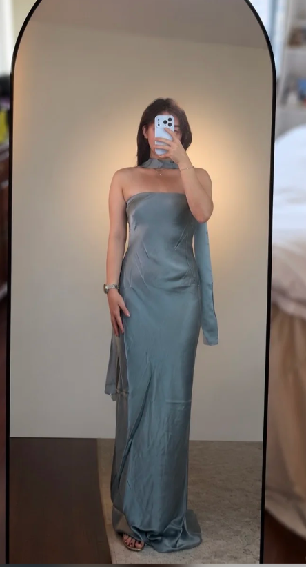 Chic Blue Prom Dress Strapless Sheath Satin Long Evening Dress DP06537