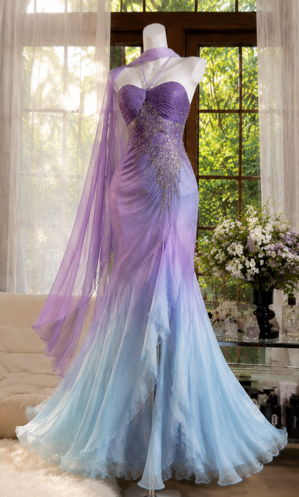 Gorgeous Purple Prom Dress Sweetheart Sheath Beaded Chiffon Long Evening Dress DP06549