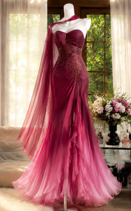 Gorgeous Burgundy Prom Dress Sweetheart Sheath Beaded Chiffon Long Evening Dress DP06551