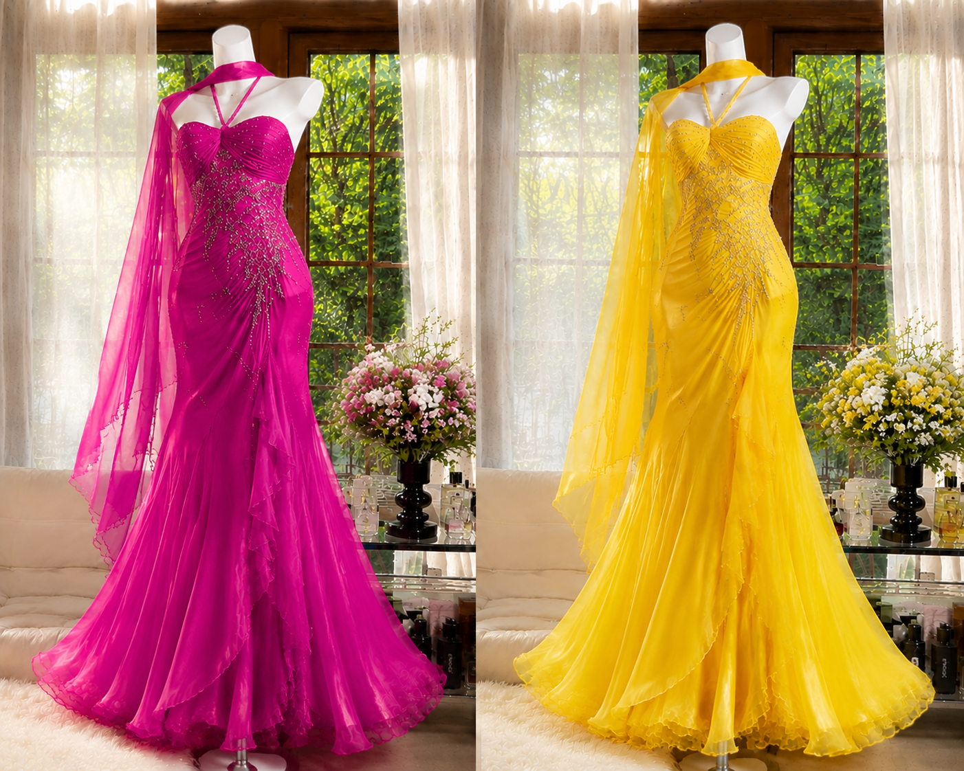 Gorgeous Hot Pink Prom Dress Halter Sheath Beaded Chiffon Long Evening Dress DP06553