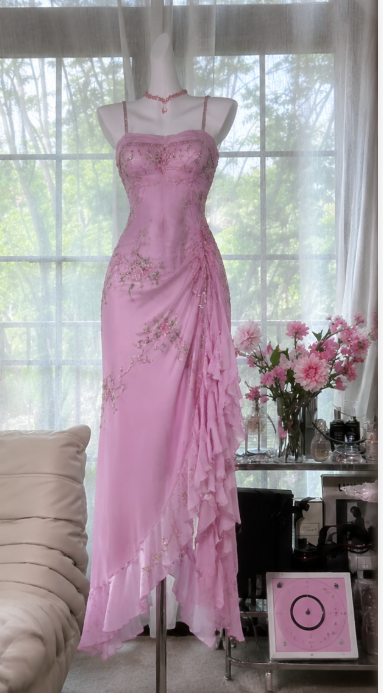 Gorgeous Pink Prom Dress Straps Sheath Beaded Chiffon Long Evening Dress DP06556