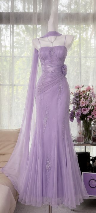 Gorgeous Light Purple Prom Dress Straps Sheath Beaded Chiffon Long Evening Dress DP06559