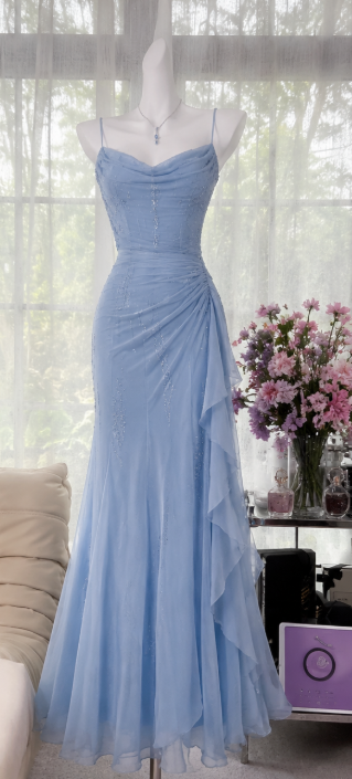 Gorgeous Blue Prom Dress Straps Sheath Beaded Chiffon Long Evening Dress DP06563