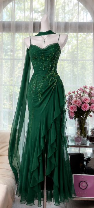 Gorgeous Dark Green Prom Dress Straps Sheath Beaded Chiffon Long Evening Dress DP06564