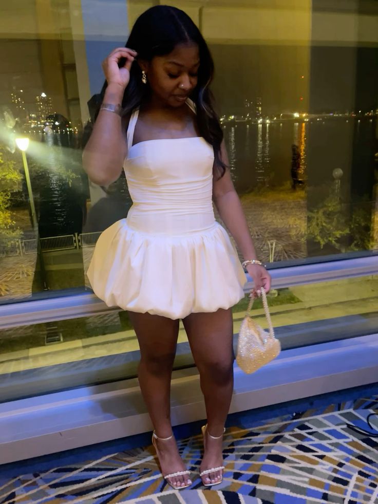 Chic White Short Homecoming Dress Halter A-Line Satin Birthday Dress DP06608