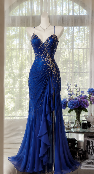 Chic Blue Prom Dress Chiffon Beaded Sheath Long Evening Dress DP06691