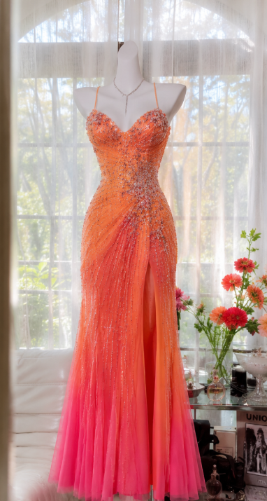 Chic Orange Prom Dress Chiffon Beaded Sheath Long Evening Dress DP06694