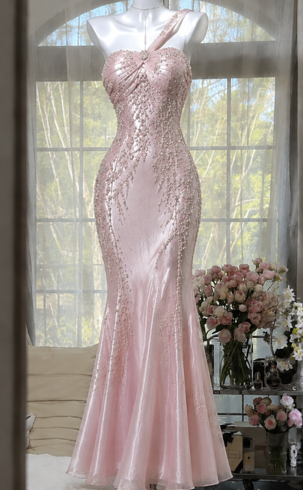 Elegant Pink Evening Dress Mermaid Chiffon Beaded Long Prom Dress DP06696