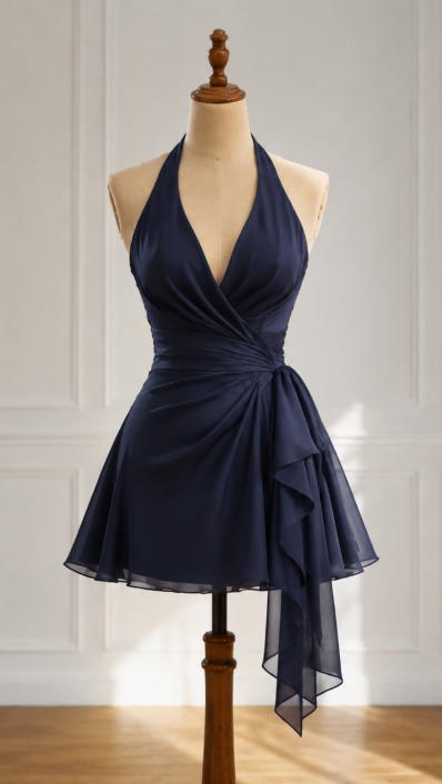 Fashion Navy Blue Hoco Dress A-Line Chiffon Birthday Dress DP06726
