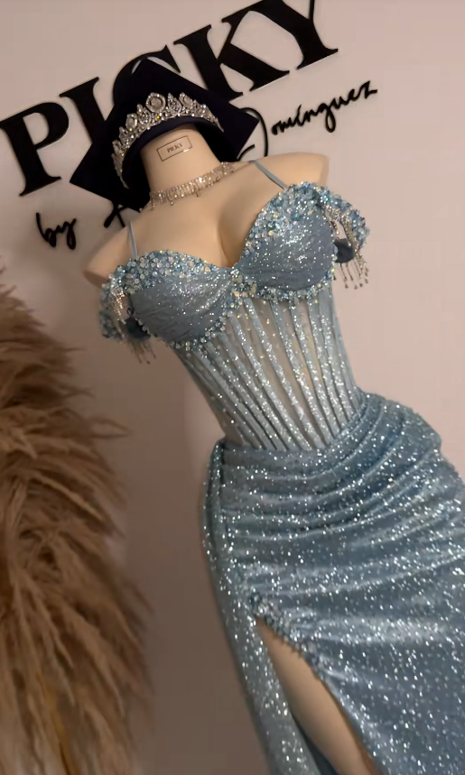 Chic Blue Long Evening Dress Sheath Sequins Prom Dress DP06764