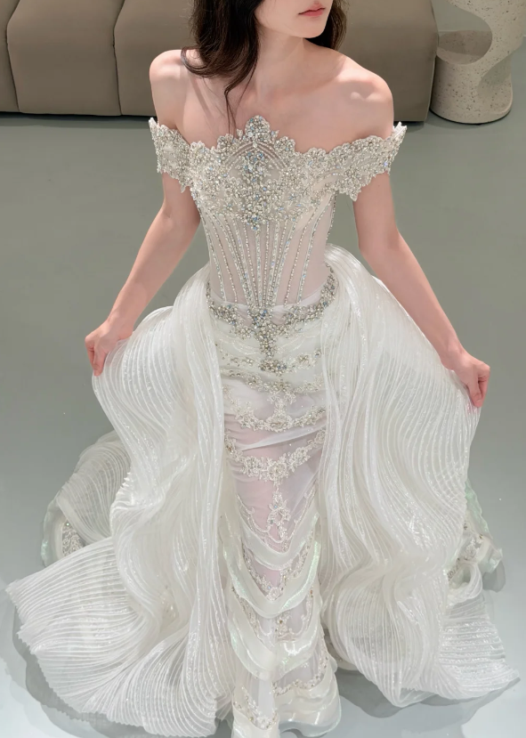 Chic White Sheath Tulle Long Wedding Dress DP06778