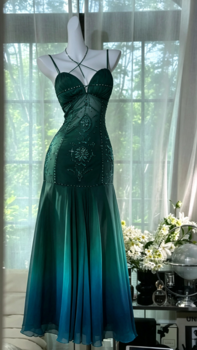 Elegant Peacock Blue Prom Dress Sheath Chiffon Long Evening Dress DP06781