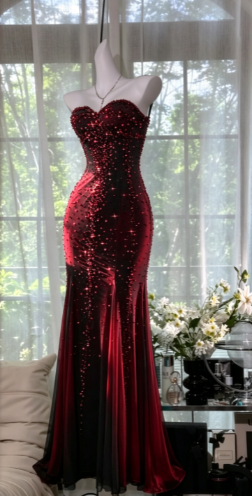 Elegant Burgundy Prom Dress Sheath Beaded Chiffon Long Evening Dress DP06784