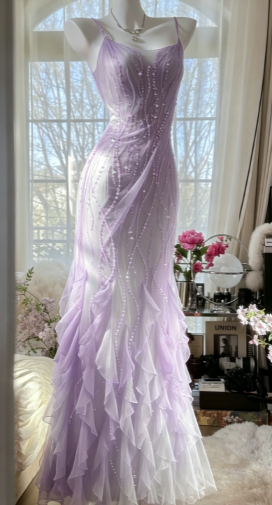 Elegant Light Purple Prom Dress Sheath Beaded Chiffon Long Evening Dress DP06785