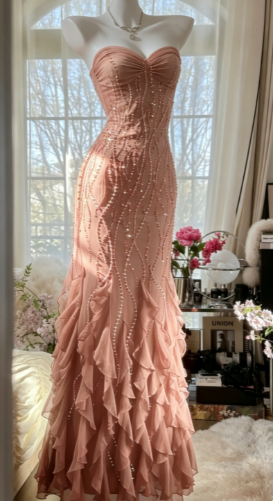 Elegant Peach Prom Dress Sheath Beaded Chiffon Long Evening Dress DP06786