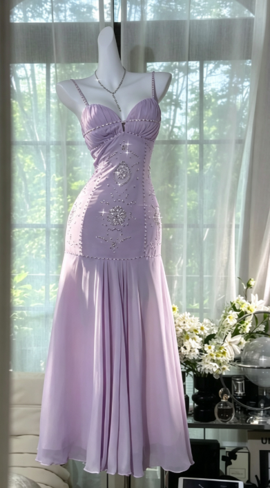 Elegant Lilac Prom Dress Sheath Beaded Chiffon Long Evening Dress DP06787