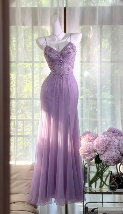 Elegant Purple Prom Dress Sheath Chiffon Beaded Long Evening Dress DP06821