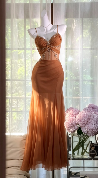 Elegant Orange Prom Dress Sheath Chiffon Beaded Long Evening Dress DP06826