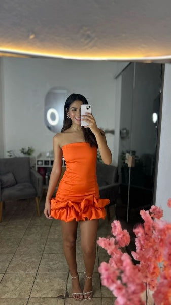 Pretty Orange Sheath Satin Short Homecoming Dress DP06971