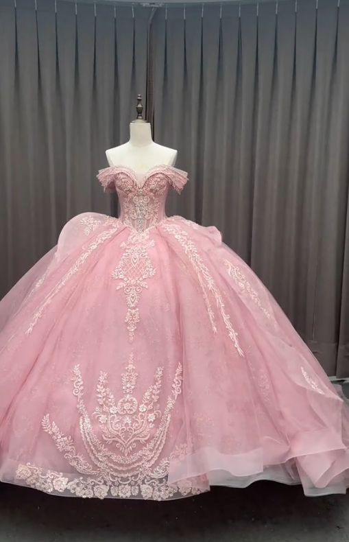 Fairy Pink Ball Gown Sweet 16 Dress Tulle Appliques Quineceanera Dress DP07077