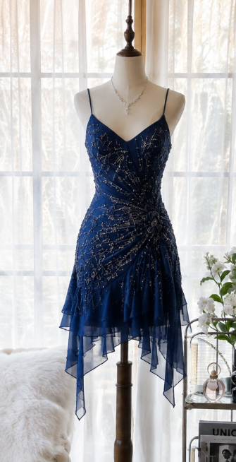 Chic Navy Blue Short Homecoming Dress Sheath Chiffon Beaded Birthday Dress DP07131