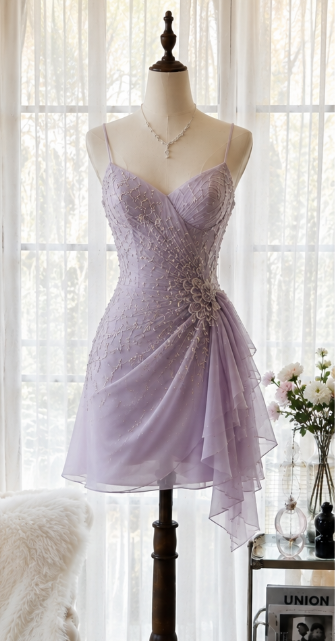 Chic Lilac Short Homecoming Dress Sheath Chiffon Beaded Birthday Dress DP07132
